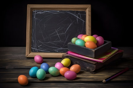 Chalkboard with chalks and colorful chalkboard on black backgroundの素材