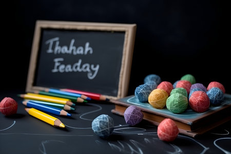 Chalkboard with chalks and colorful chalkboard on black backgroundの素材