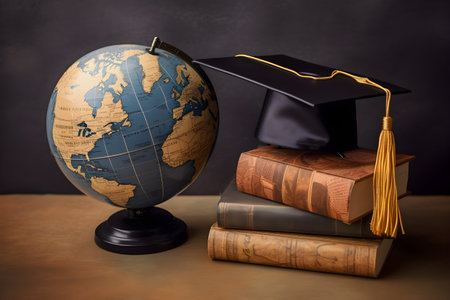 A globe with a graduation cap sits on a table next to a stack of books. international education day concept.の素材