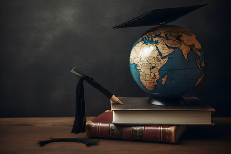 A globe with a graduation cap sits on a table next to a stack of books. international education day concept.の素材