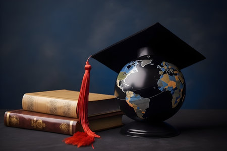 A globe with a graduation cap sits on a table next to a stack of books. international education day concept.の素材