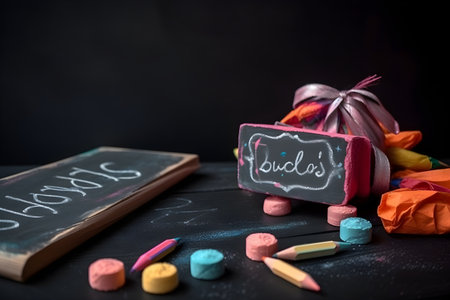 Chalkboard with chalks and colorful chalkboard on black backgroundの素材