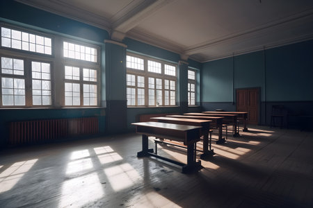 Interior of an old school classroom with a window in the backgroundの素材