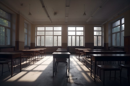 Interior of an old school classroom with a window in the backgroundの素材