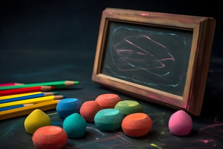 Chalkboard with chalks and colorful chalkboard on black backgroundの素材