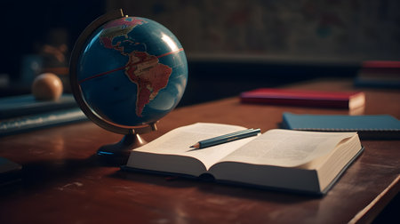 A globe on a desk with a book in classroom. Education concept. world book dayの素材
