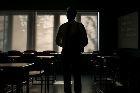 Silhouette of a teacher standing in front of the window in a school classroomの素材