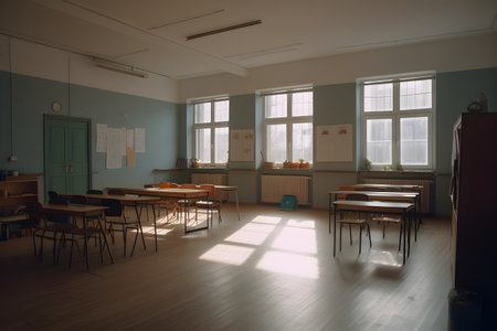 Interior of an old school classroom with a window in the backgroundの素材