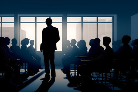 Silhouette of a teacher standing in front of the window in a school classroomの素材