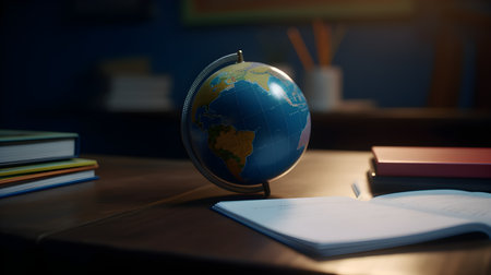 A globe on a desk with a book in classroom. Education concept. world book dayの素材