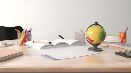 A globe on a desk with a book in classroom. Education concept. world book dayの素材