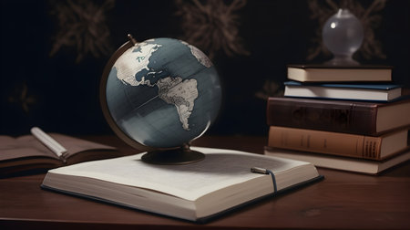 A globe on a desk with a book in classroom. Education concept. world book dayの素材