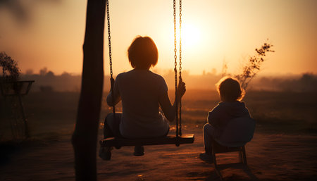 Silhouette of a mother and child playing on a swing at sunsetの素材