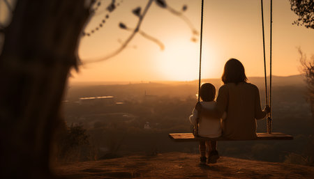 Silhouette of a mother and child playing on a swing at sunsetの素材