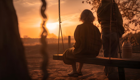 Silhouette of a mother and child playing on a swing at sunsetの素材