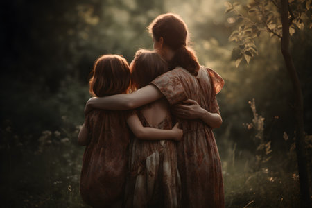 A mother hugging children in the autumn forest. Mothers day, the concept of family values.の素材