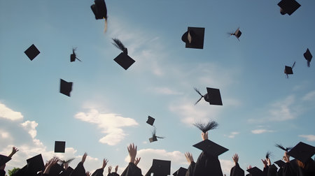 Group of graduates throwing caps in the air. Graduation concept.の素材