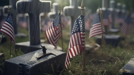 American flags on a grave in the cemetery. Memorial Day concept.の素材