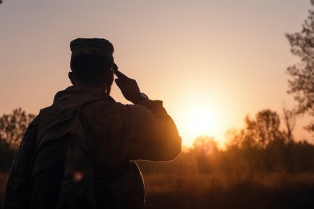 Silhouette of a soldier saluting  at sunsetの素材