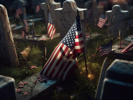 American flags on a grave in the cemetery. Memorial Day concept.の素材