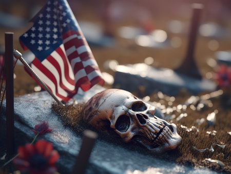 American flags on a grave in the cemetery. Memorial Day concept.の素材