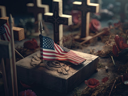 American flags on a grave in the cemetery. Memorial Day concept.の素材