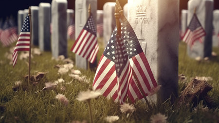 American flags on a grave in the cemetery. Memorial Day concept.の素材