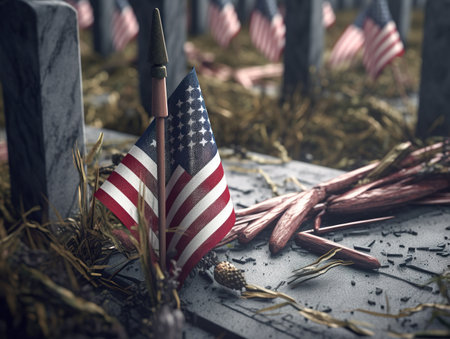 American flags on a grave in the cemetery. Memorial Day concept.の素材
