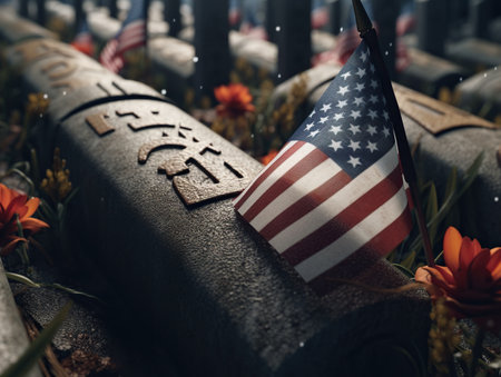 American flags on a grave in the cemetery. Memorial Day concept.の素材