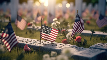 American flags on a grave in the cemetery. Memorial Day concept.の素材