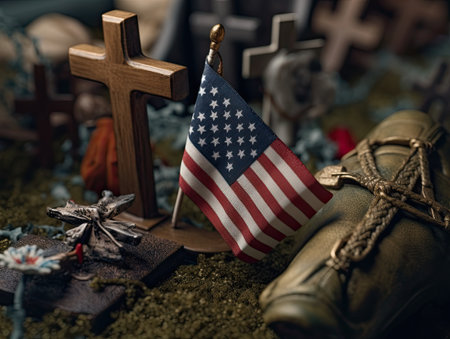 American flags on a grave in the cemetery. Memorial Day concept.の素材
