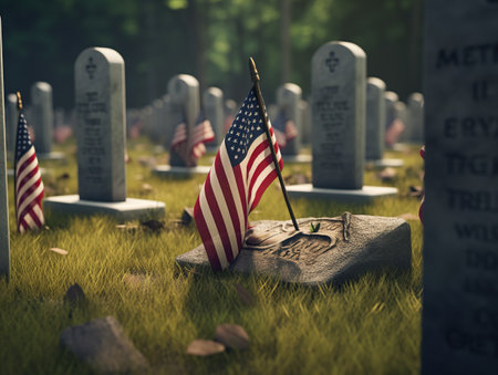 American flags on a grave in the cemetery. Memorial Day concept.の素材