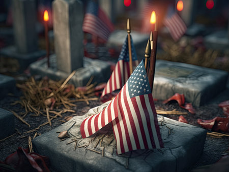 American flags on a grave in the cemetery. Memorial Day concept.の素材