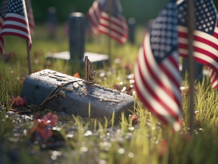 American flags on a grave in the cemetery. Memorial Day concept.の素材