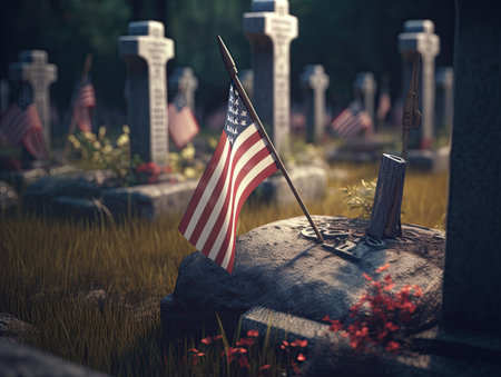 American flags on a grave in the cemetery. Memorial Day concept.の素材