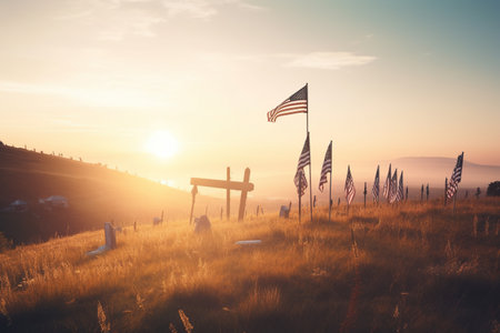 A field of tall grass with the american flagの素材