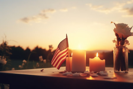 A field of tall grass with the american flagの素材