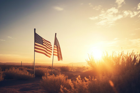 A field of tall grass with the american flagの素材