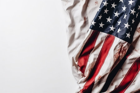 Top view of an American flag on a white background with copy space for textの素材