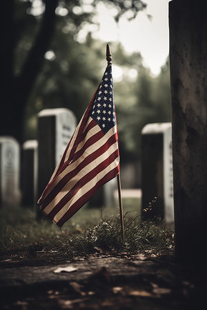 An American flag on a gravestone in a cemeteryの素材
