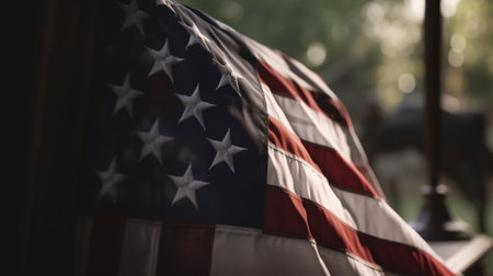 Close-up American flag on a grave at a cemetery displayed in front of a memorialの素材