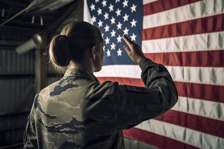 An American soldier salutes in front of the flag of the united states of americaの素材