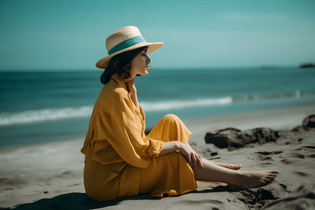 A young woman in a sun hat and orange dress sits on a beach looking out to the oceanの素材