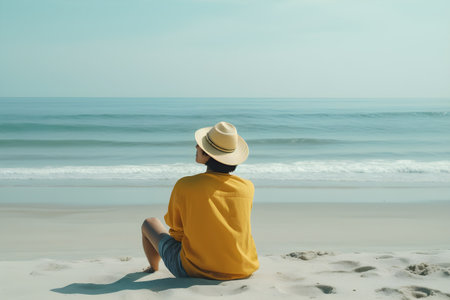 A young man sitting on the beach looking at the seaの素材