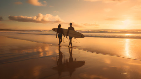 A couple silhouette surfer with his surfboard on the beach at sunsetの素材