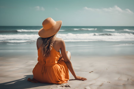 A young woman in a sun hat and orange dress sits on a beach looking out to the oceanの素材