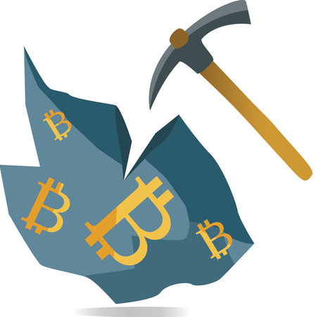 Mining bitcoin virtual cryptocurrency from rock with pickaxe.のイラスト素材