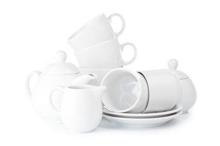 White tea set  isolated on white backgroundの写真素材