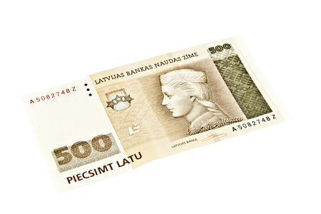 Latvian State five hundred lats banknotes on a white background.