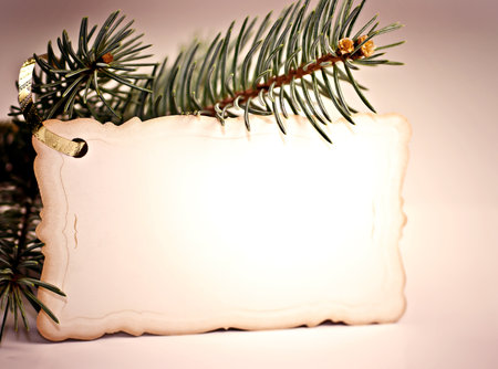 To spruce branch hanging Christmas greeting cards.の写真素材